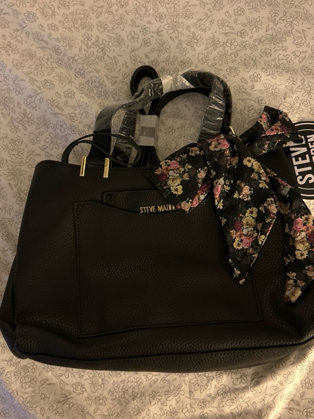 Steve Madden Black Tote with Floral Scarf Accent